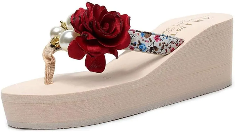 MIOKE Women's Flower Wedge Platform Flip Flops Summer Bohemia Comfy Nonslip High Heel Beach Thong Sandals