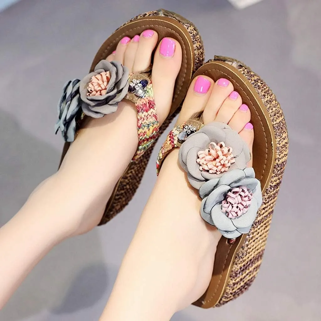 MIOKE Wome's Straw Platform Flipflops Bohemia Flowers Summer Comfort Nonslip Beach Wedge Thong Sandals