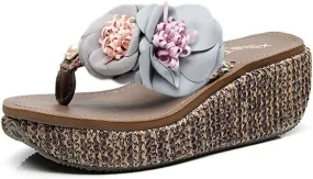 MIOKE Wome's Straw Platform Flipflops Bohemia Flowers Summer Comfort Nonslip Beach Wedge Thong Sandals