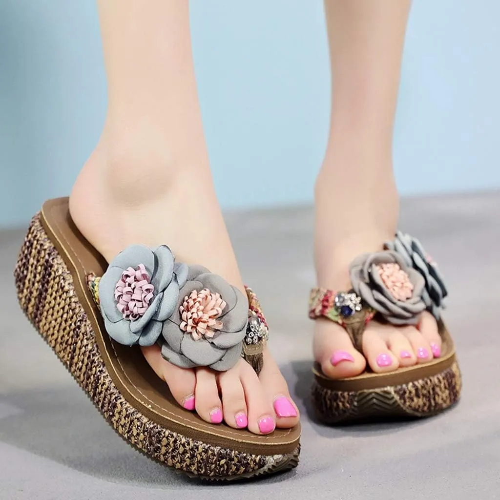 MIOKE Wome's Straw Platform Flipflops Bohemia Flowers Summer Comfort Nonslip Beach Wedge Thong Sandals