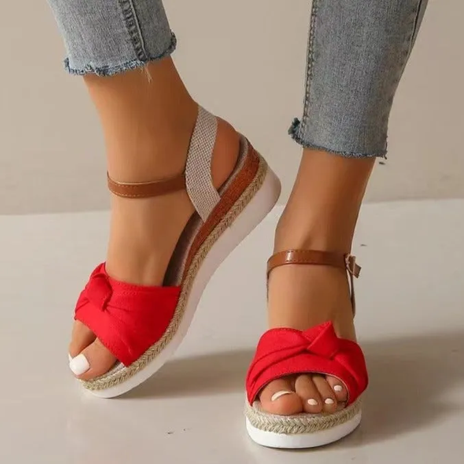 Peep toe bow twisted espadrille wedge sandals for vacation