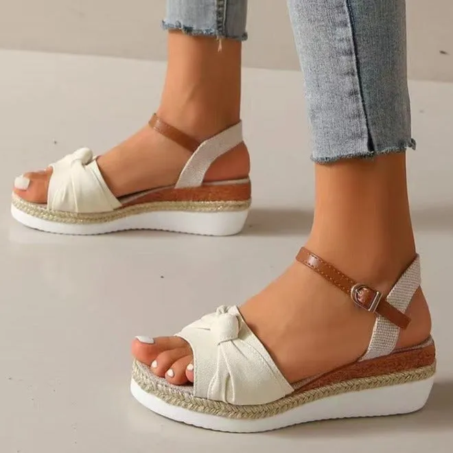 Peep toe bow twisted espadrille wedge sandals for vacation