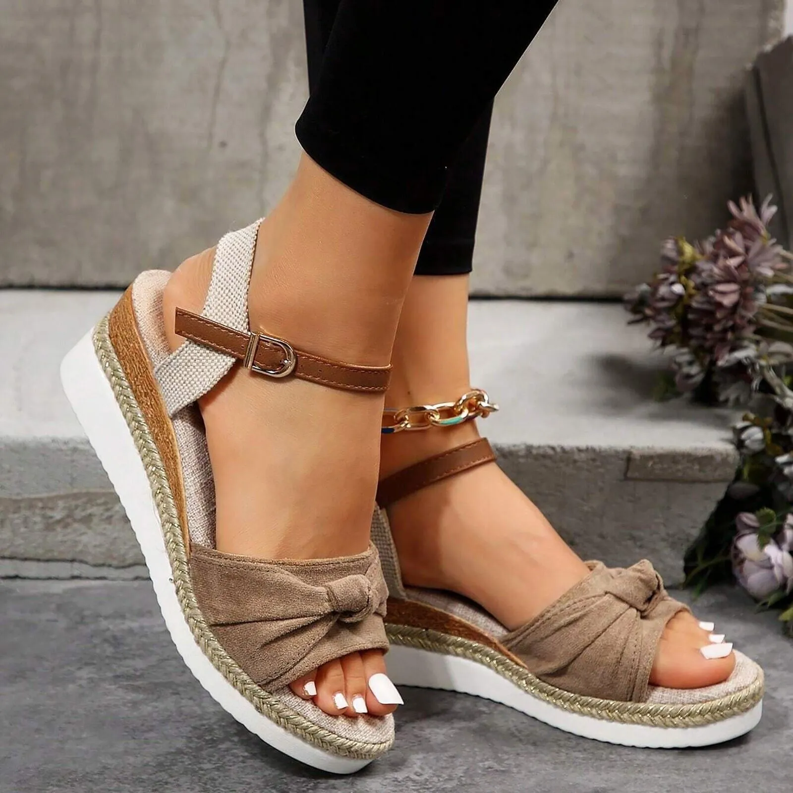 Peep toe bow twisted espadrille wedge sandals for vacation