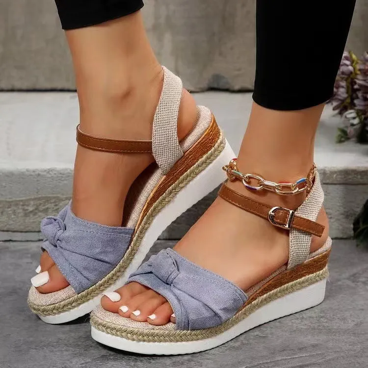 Peep toe bow twisted espadrille wedge sandals for vacation