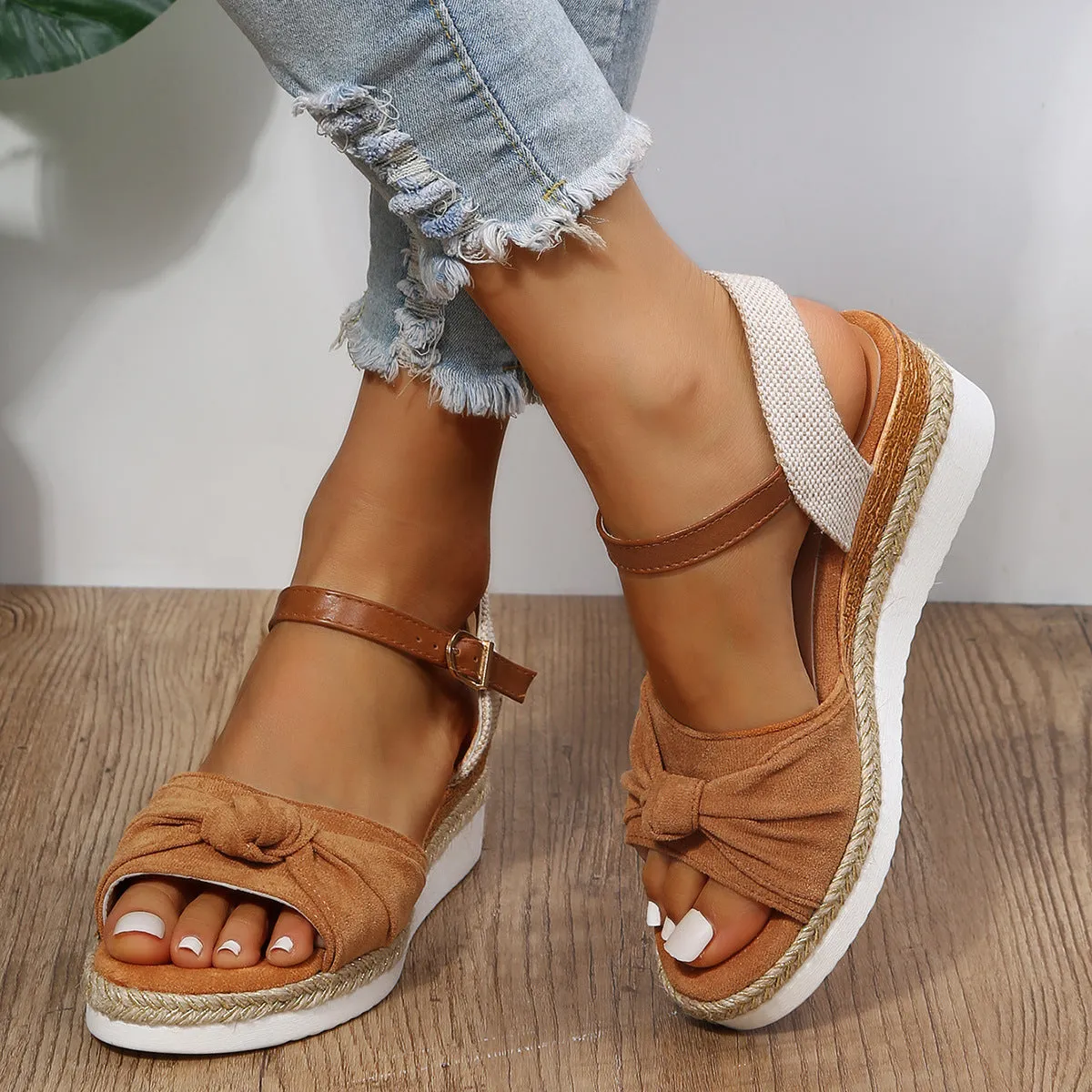 Peep toe bow twisted espadrille wedge sandals for vacation