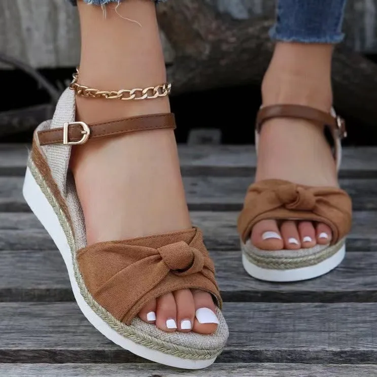Peep toe bow twisted espadrille wedge sandals for vacation