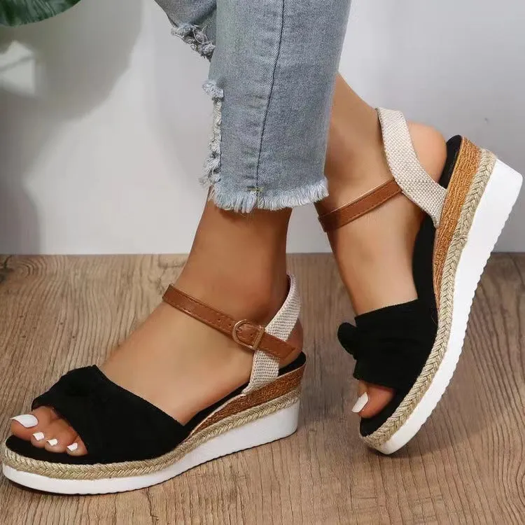 Peep toe bow twisted espadrille wedge sandals for vacation
