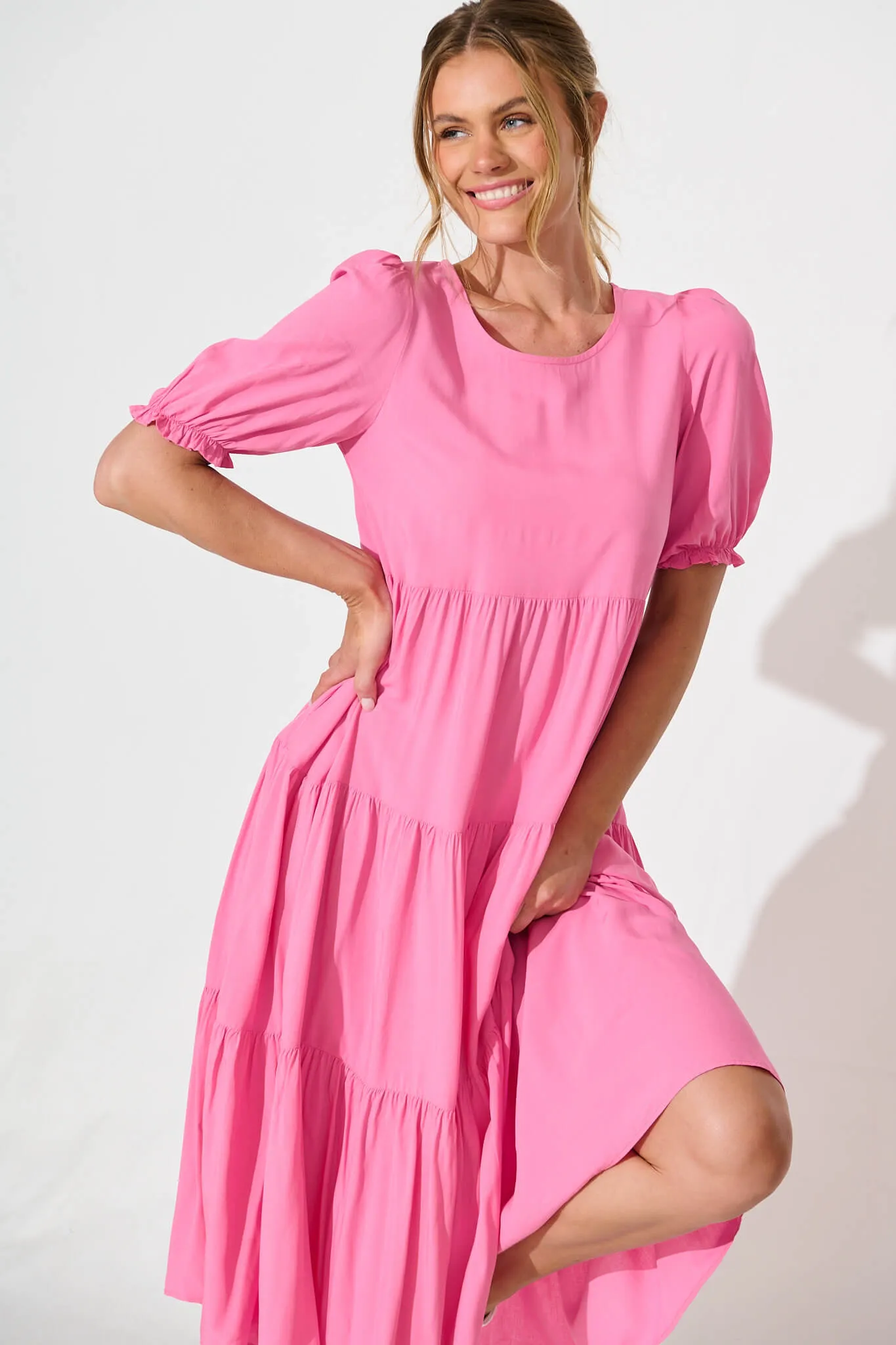 Pink Tiered Midi Dress - Nevi Style