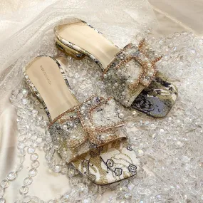 Retro pearls summer slides | Open toe low heel slip on sandals