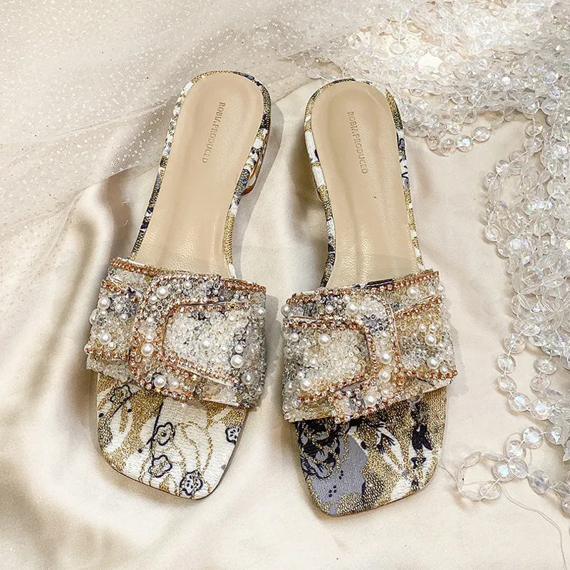Retro pearls summer slides | Open toe low heel slip on sandals