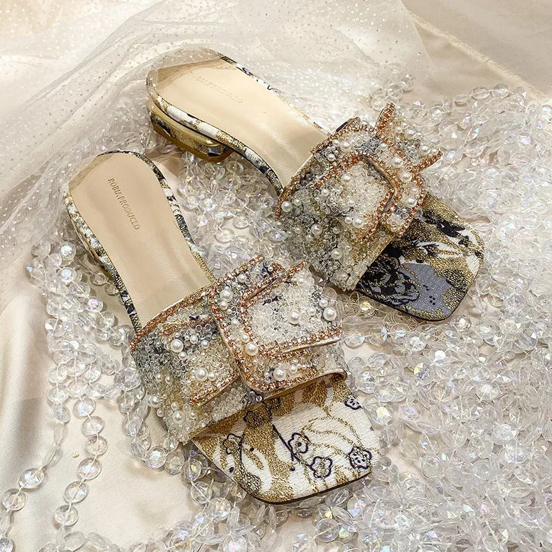 Retro pearls summer slides | Open toe low heel slip on sandals