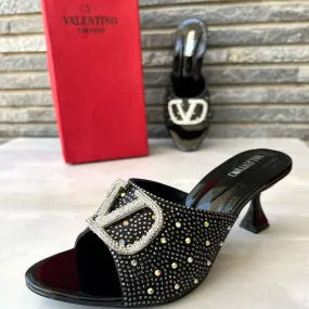 Rhinestone Decor V Logo Party Wear Kitten Heel Sandal #1030 #22