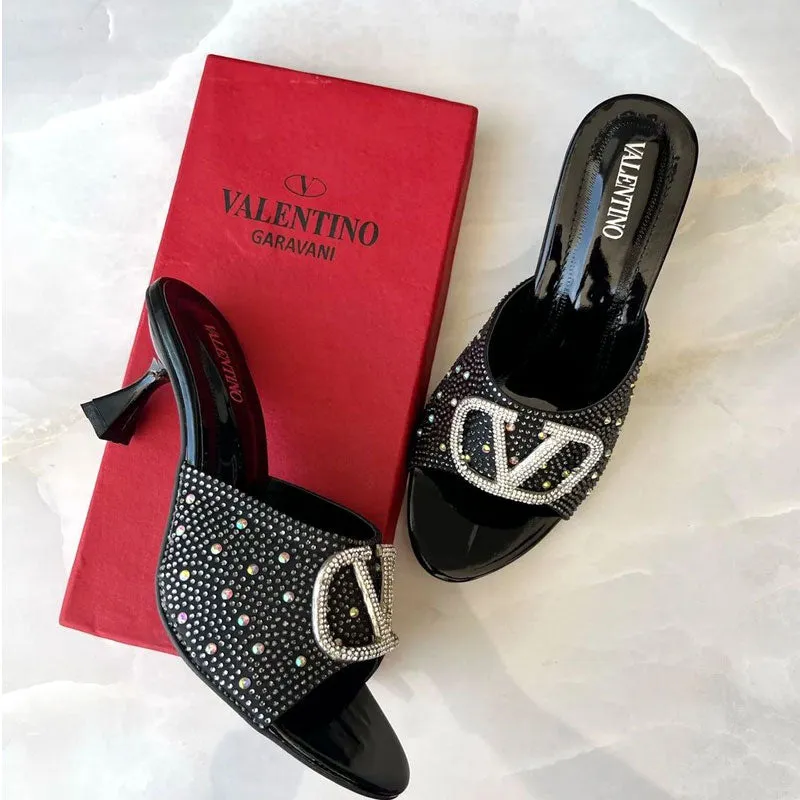Rhinestone Decor V Logo Party Wear Kitten Heel Sandal #1030 #22