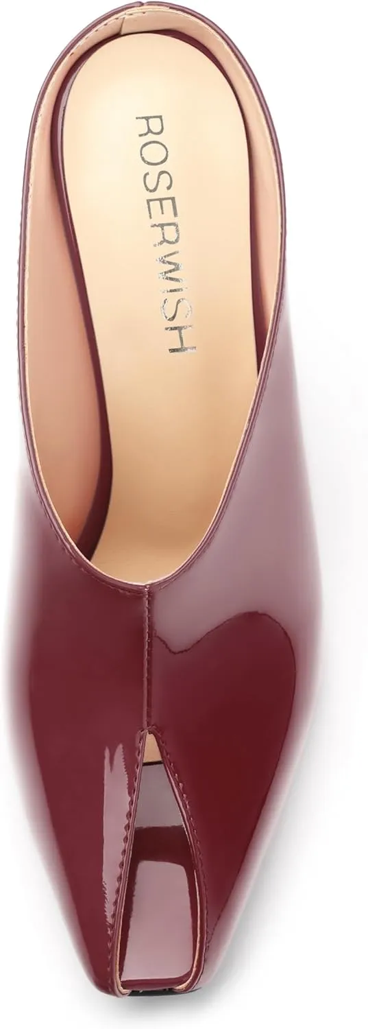 ROSERWISH Heeled Mules for Woman High Heel Mules Slip on Casual Slide Mules Square Toe Stiletto Heels Patent Comfortable Fashion Dress Shoes