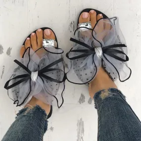 Sweet mesh lace bowknot ring toe slippers | Summer flat beach slides