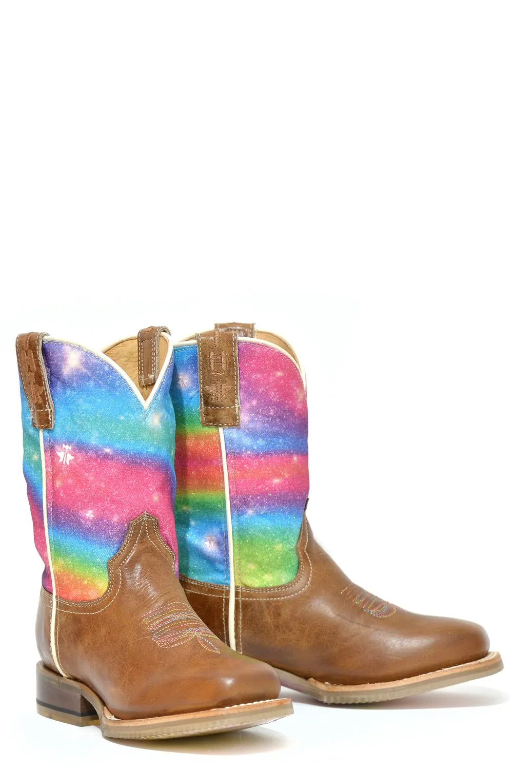 Tin Haul Girls Youth Tan Leather Rainbow Sparkles Cowboy Boots