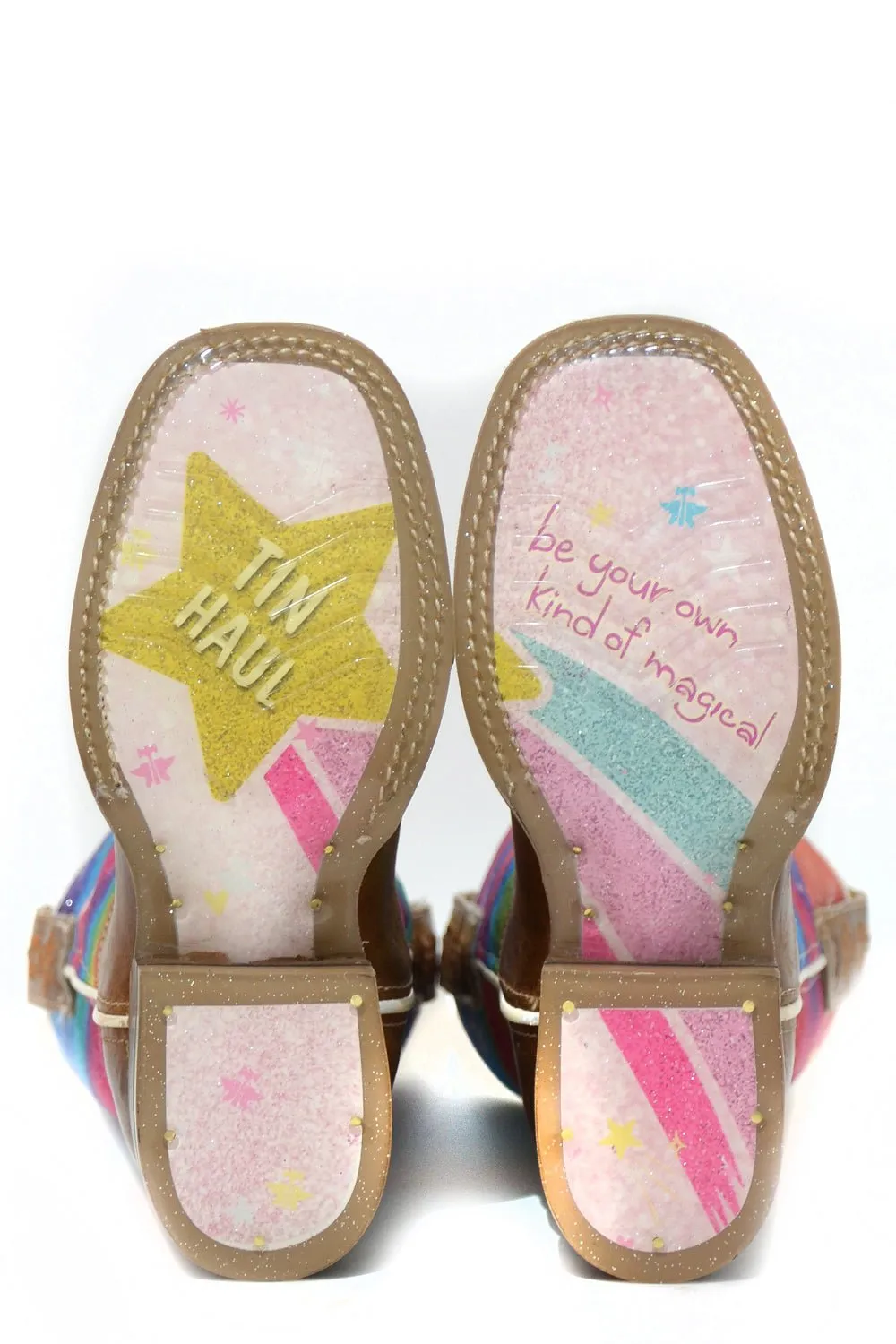 Tin Haul Girls Youth Tan Leather Rainbow Sparkles Cowboy Boots