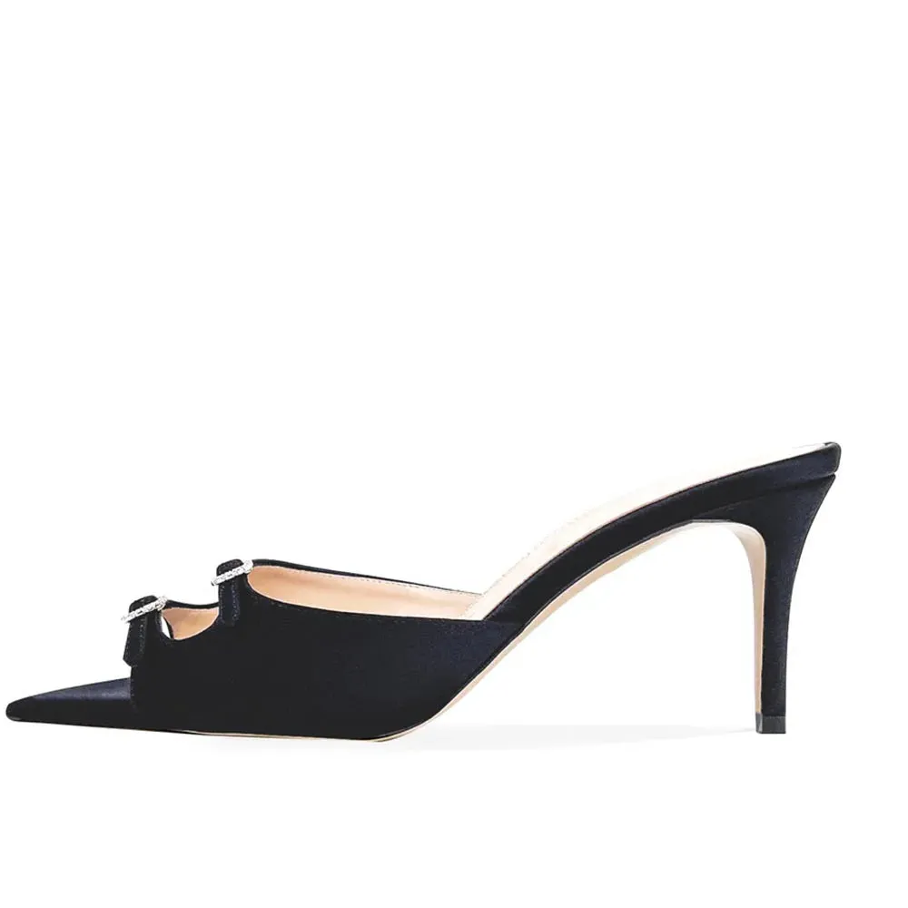 Trend4us Double-Buckle Satin Pointed-Toe Mules