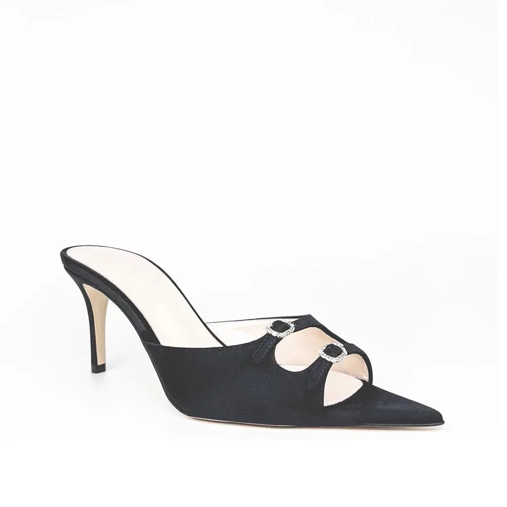 Trend4us Double-Buckle Satin Pointed-Toe Mules