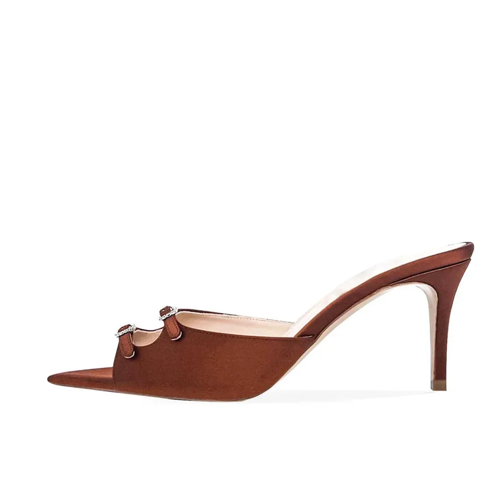 Trend4us Double-Buckle Satin Pointed-Toe Mules