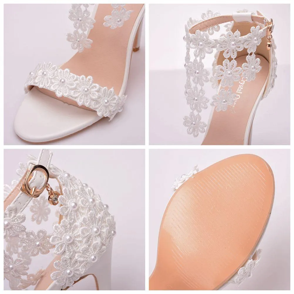 White floral lace peep toe wedding heels tassels ankle strap bridal heels