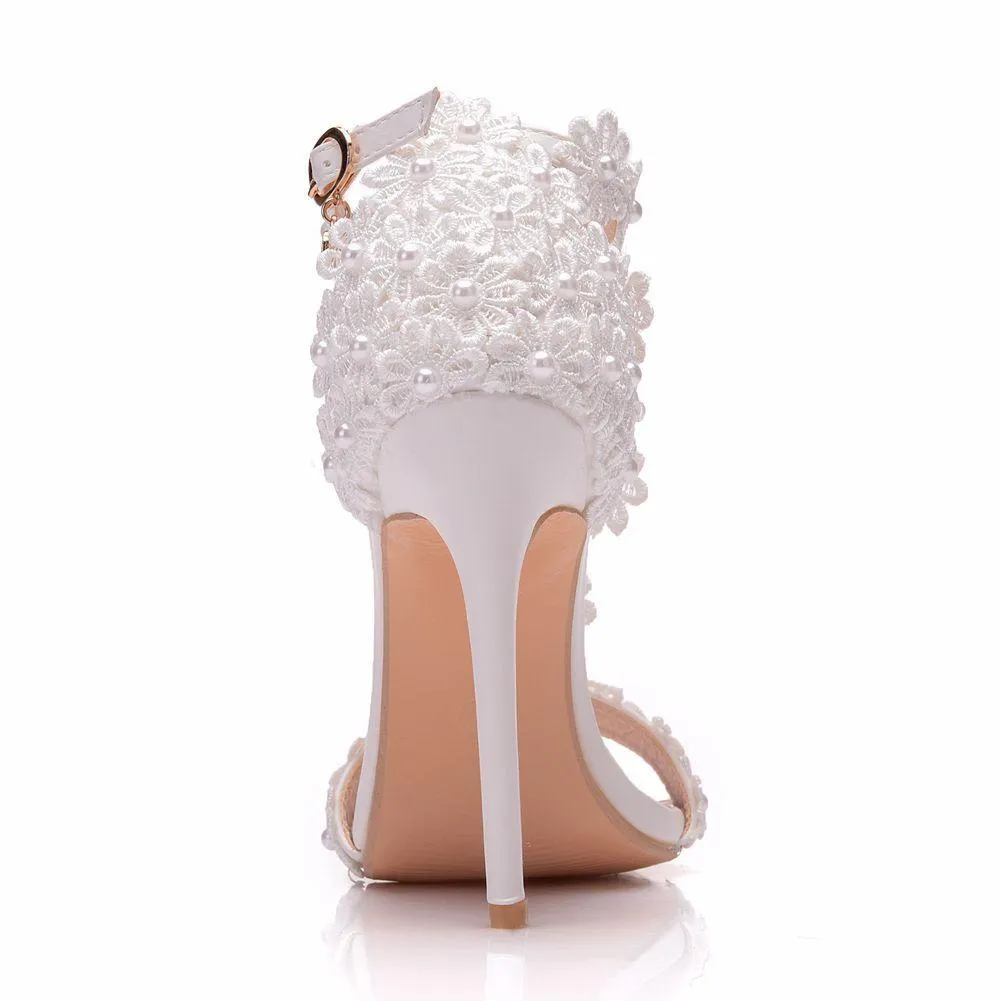 White floral lace peep toe wedding heels tassels ankle strap bridal heels