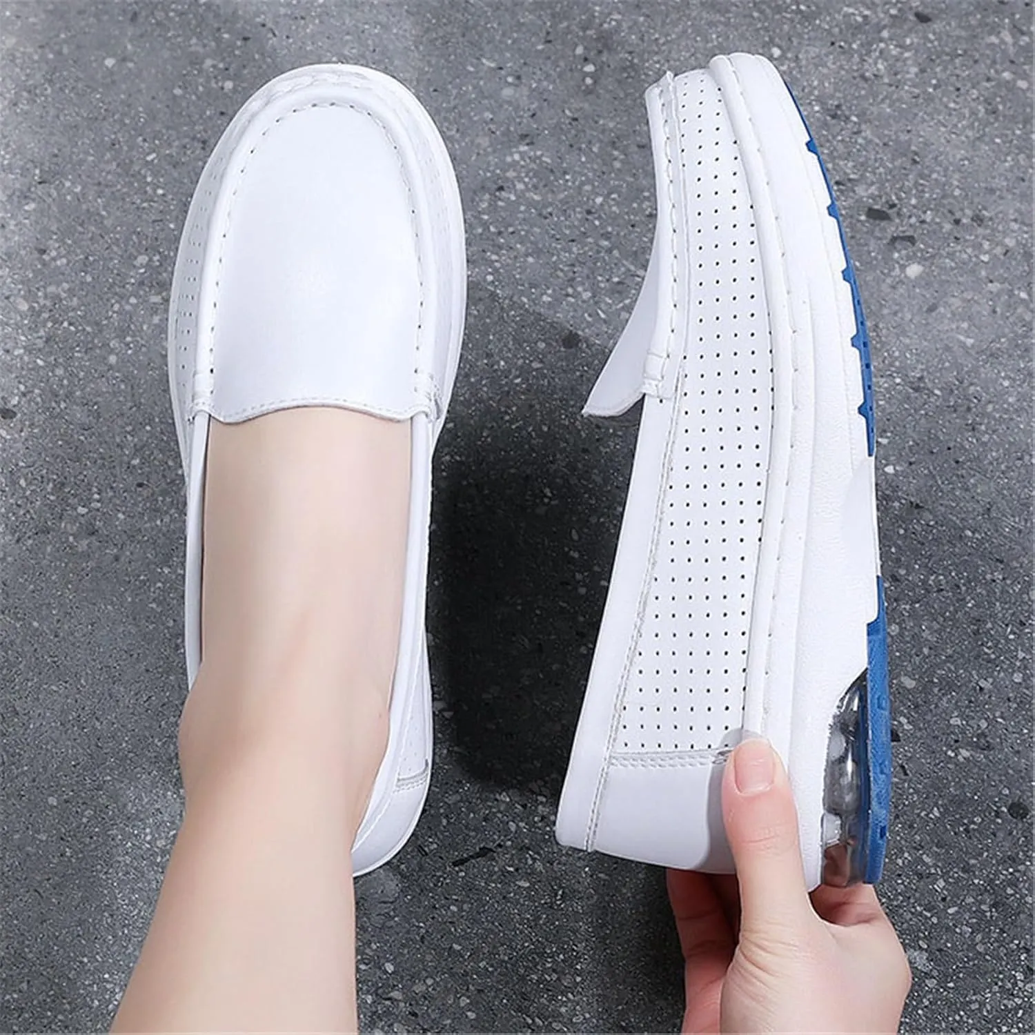 White Womens Nursing Shoes, Women's Leather Platform Wedge Breathable Hollow Out Slip-On Nursing Shoes, Fashionable Non Tiring Feet, for Medical Workers, Doctors, Healthcare
