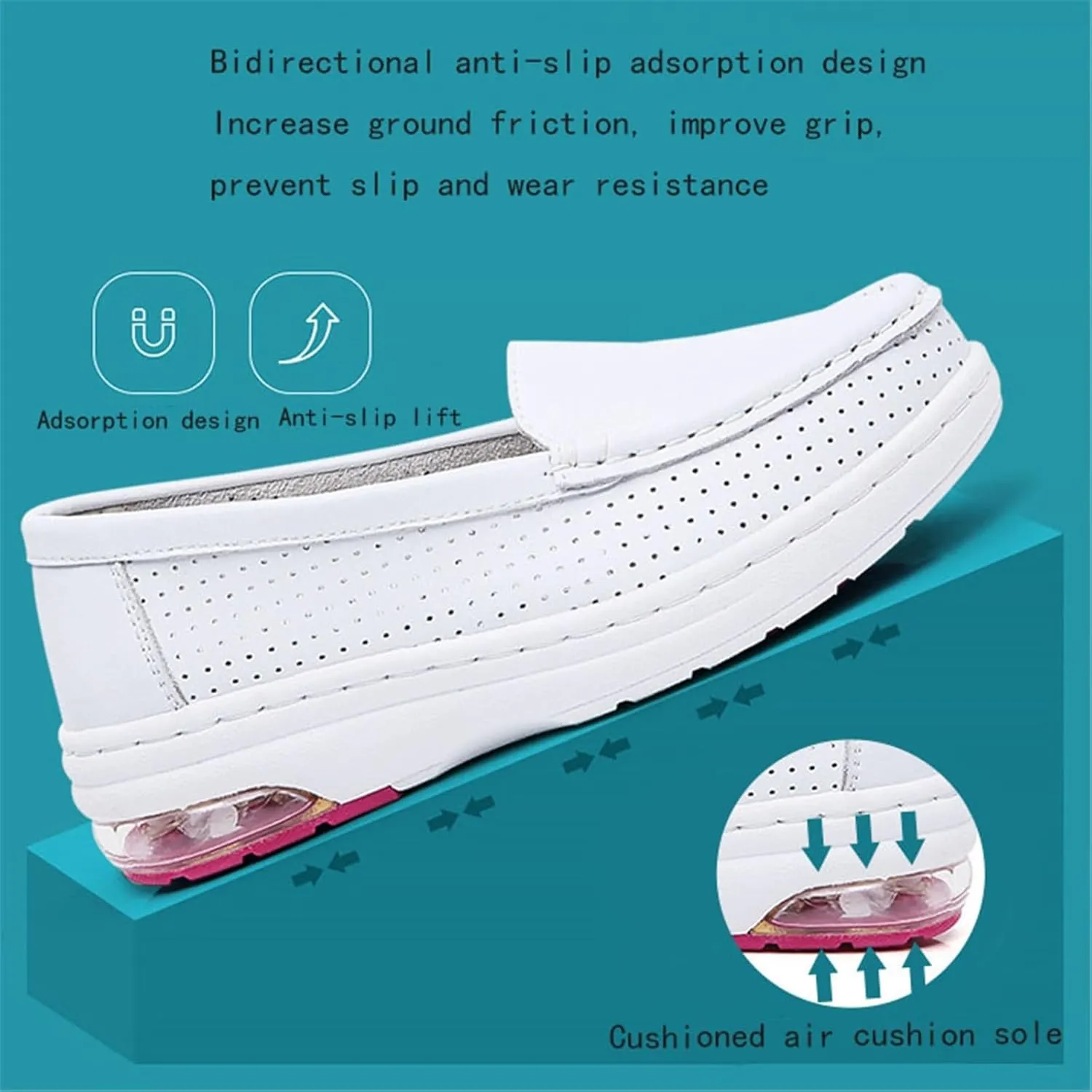 White Womens Nursing Shoes, Women's Leather Platform Wedge Breathable Hollow Out Slip-On Nursing Shoes, Fashionable Non Tiring Feet, for Medical Workers, Doctors, Healthcare