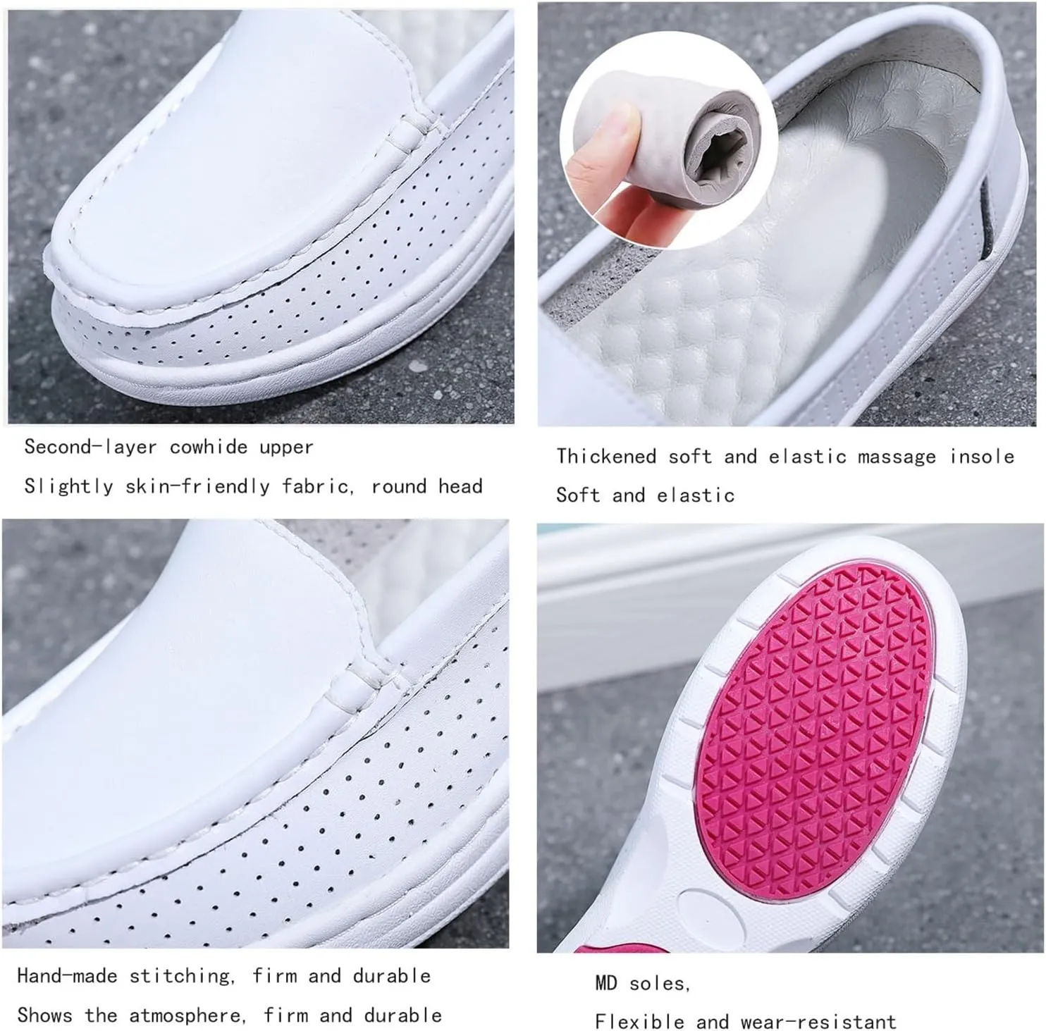 White Womens Nursing Shoes, Women's Leather Platform Wedge Breathable Hollow Out Slip-On Nursing Shoes, Fashionable Non Tiring Feet, for Medical Workers, Doctors, Healthcare
