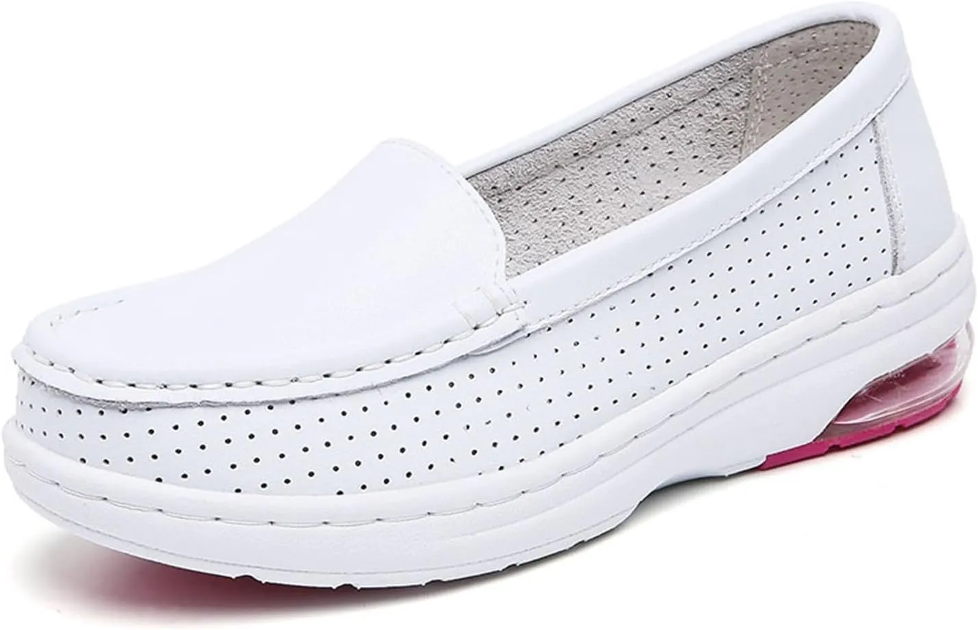 White Womens Nursing Shoes, Women's Leather Platform Wedge Breathable Hollow Out Slip-On Nursing Shoes, Fashionable Non Tiring Feet, for Medical Workers, Doctors, Healthcare