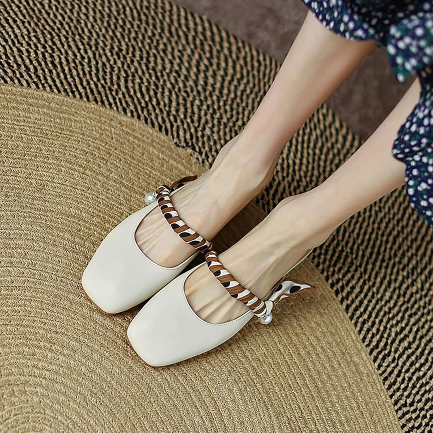 Women Chunky Low Heel Mules Backless Slip on Closed Square Toe Casual Flat Slide Mary Janes Shoes
