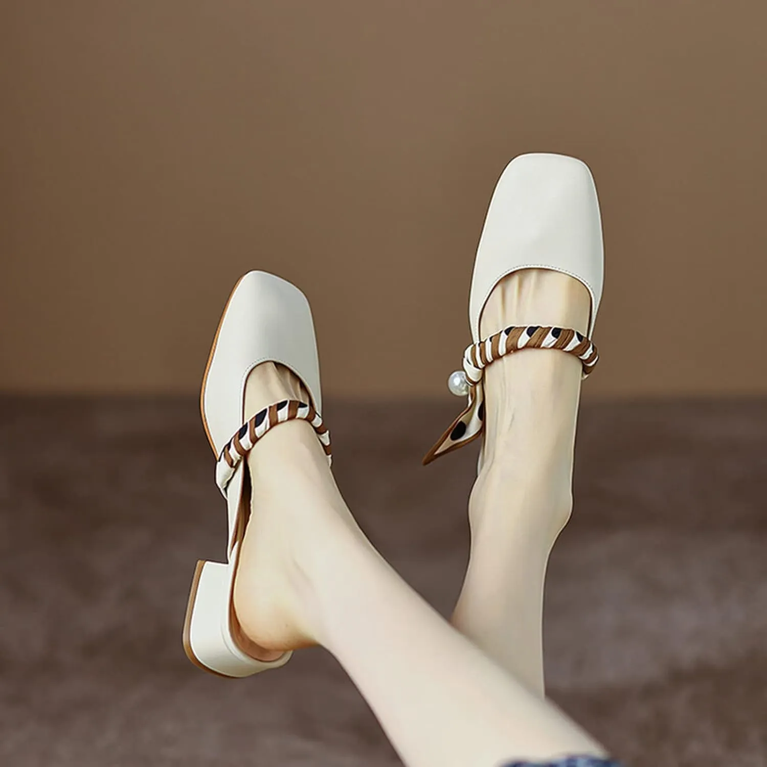 Women Chunky Low Heel Mules Backless Slip on Closed Square Toe Casual Flat Slide Mary Janes Shoes