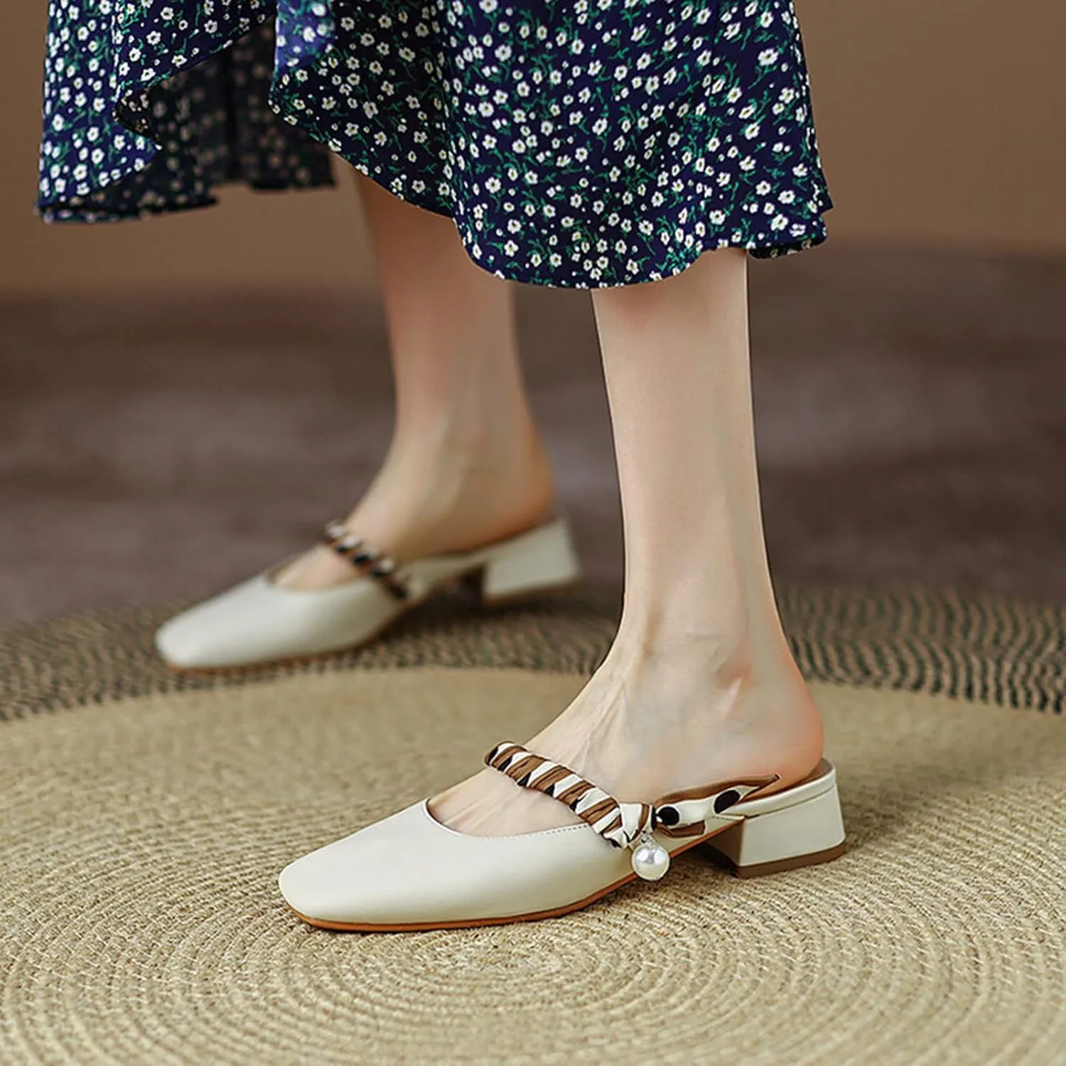 Women Chunky Low Heel Mules Backless Slip on Closed Square Toe Casual Flat Slide Mary Janes Shoes