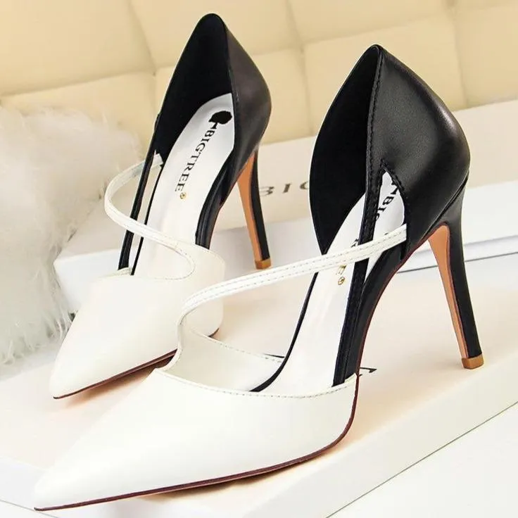 Women color block side cut pointed toe stiletto high heels