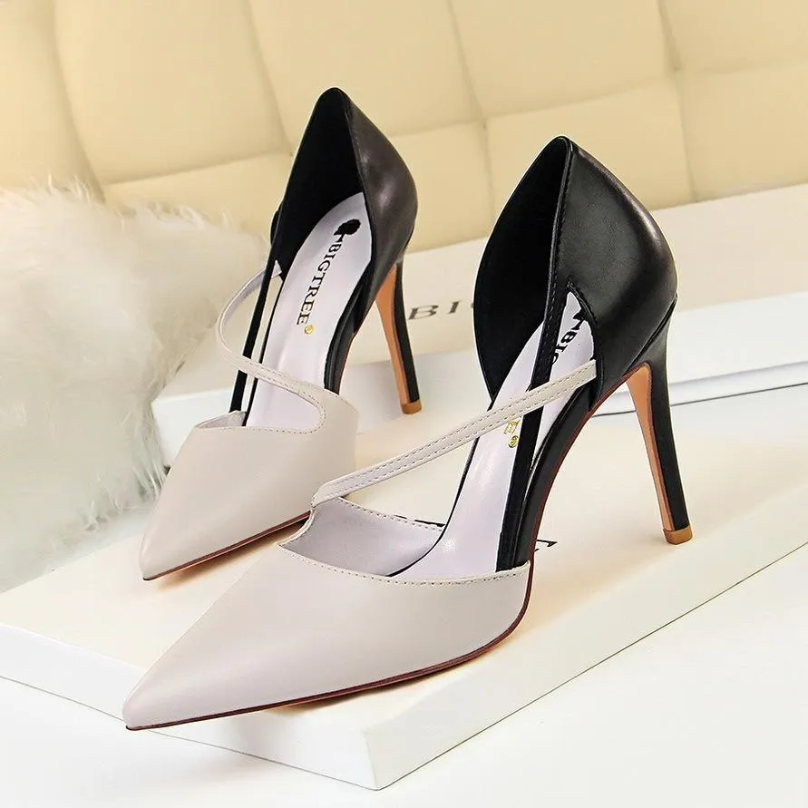 Women color block side cut pointed toe stiletto high heels