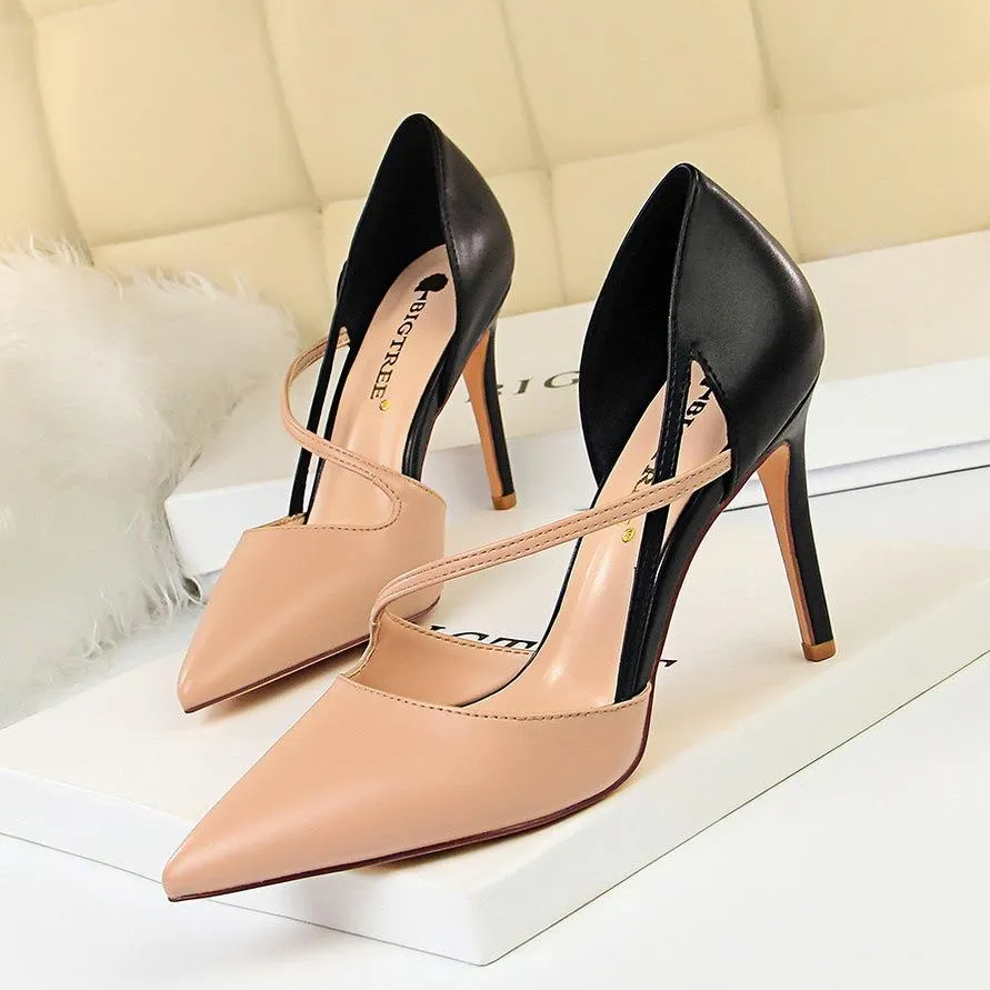 Women color block side cut pointed toe stiletto high heels