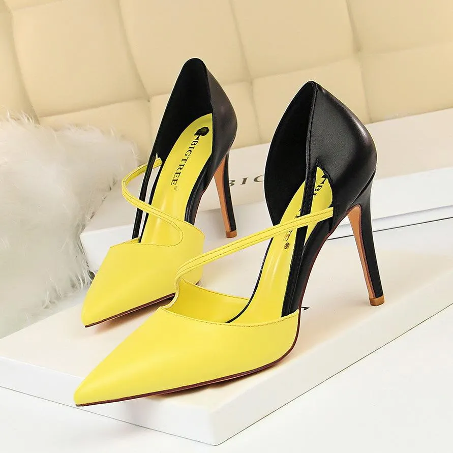 Women color block side cut pointed toe stiletto high heels