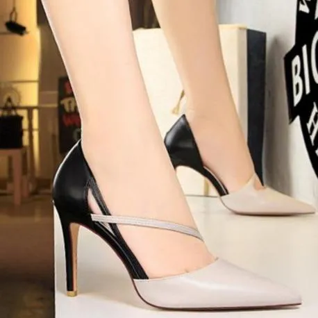 Women color block side cut pointed toe stiletto high heels