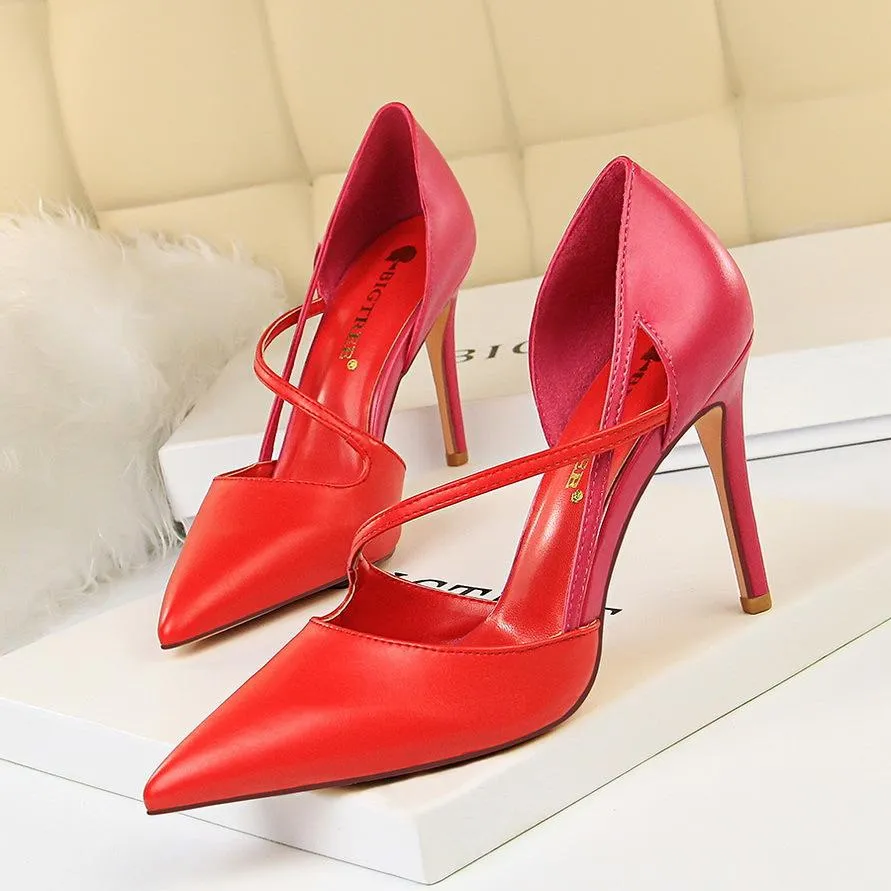 Women color block side cut pointed toe stiletto high heels