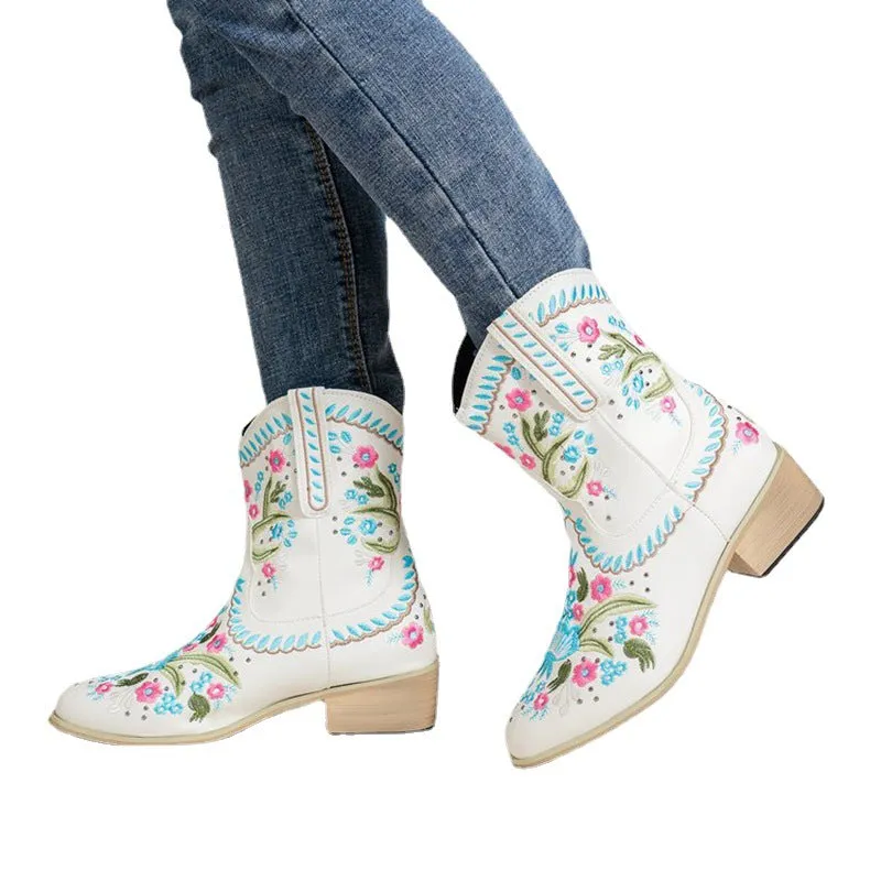 Women cowgirl boots | Flower embroidery chunky heel western boots | Slip on short boots