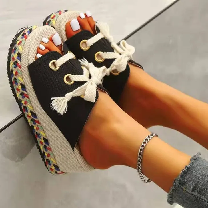 Women espadrille color block woven slide chunky platform sandals