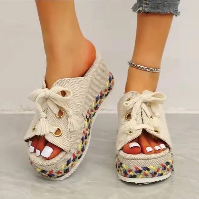 Women espadrille color block woven slide chunky platform sandals