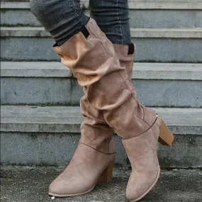 Women fashion chunky heel knee high slouch boots