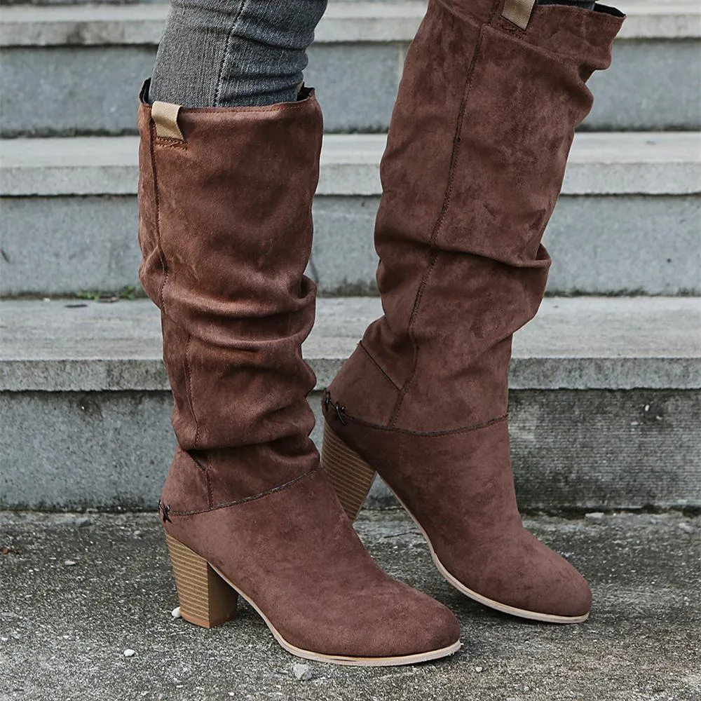 Women fashion chunky heel knee high slouch boots