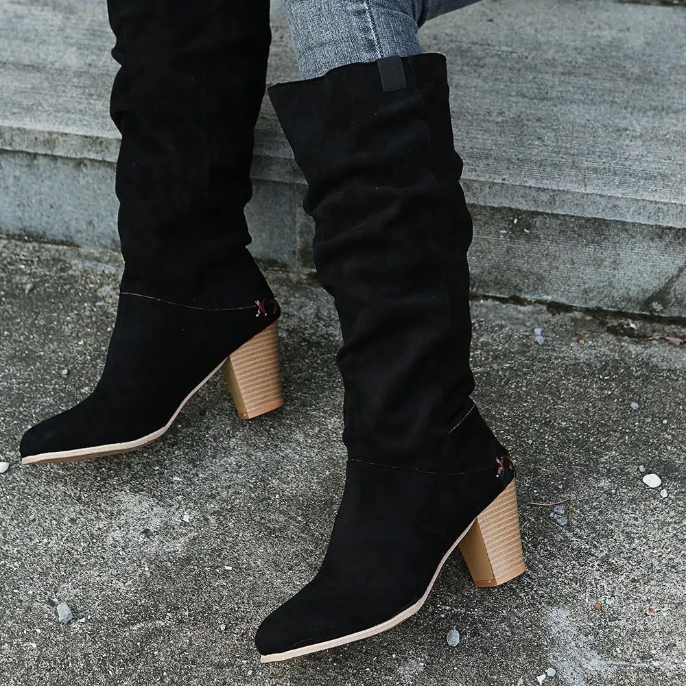 Women fashion chunky heel knee high slouch boots