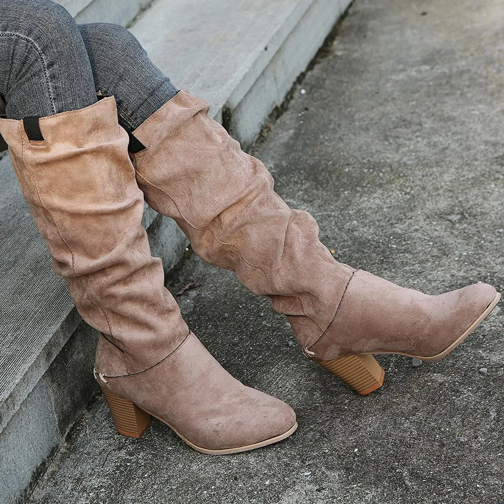 Women fashion chunky heel knee high slouch boots