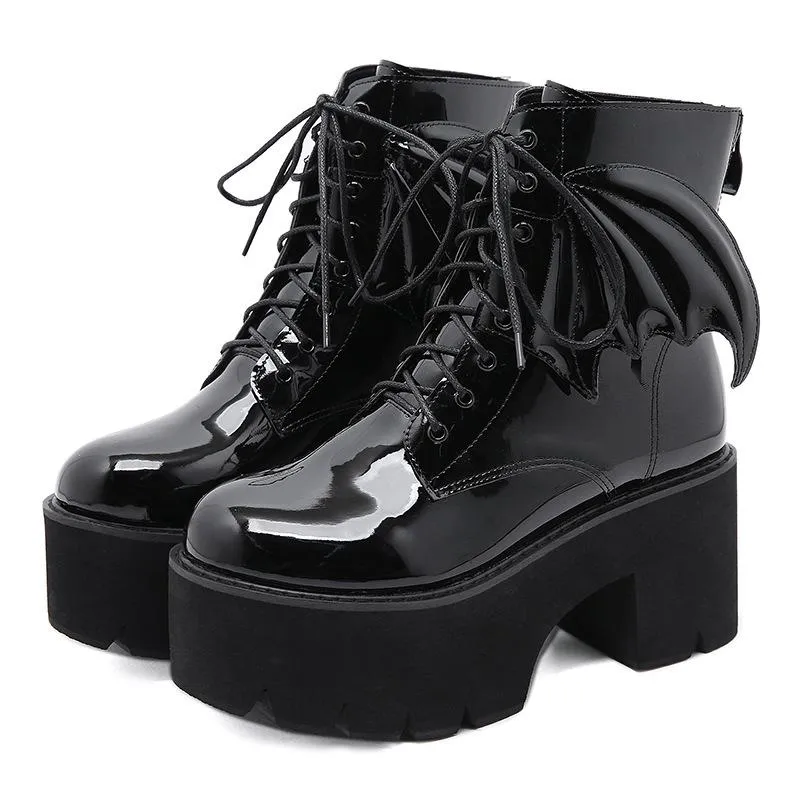 Women gothic chunky high heel platform lace up motorcyle boots with swings