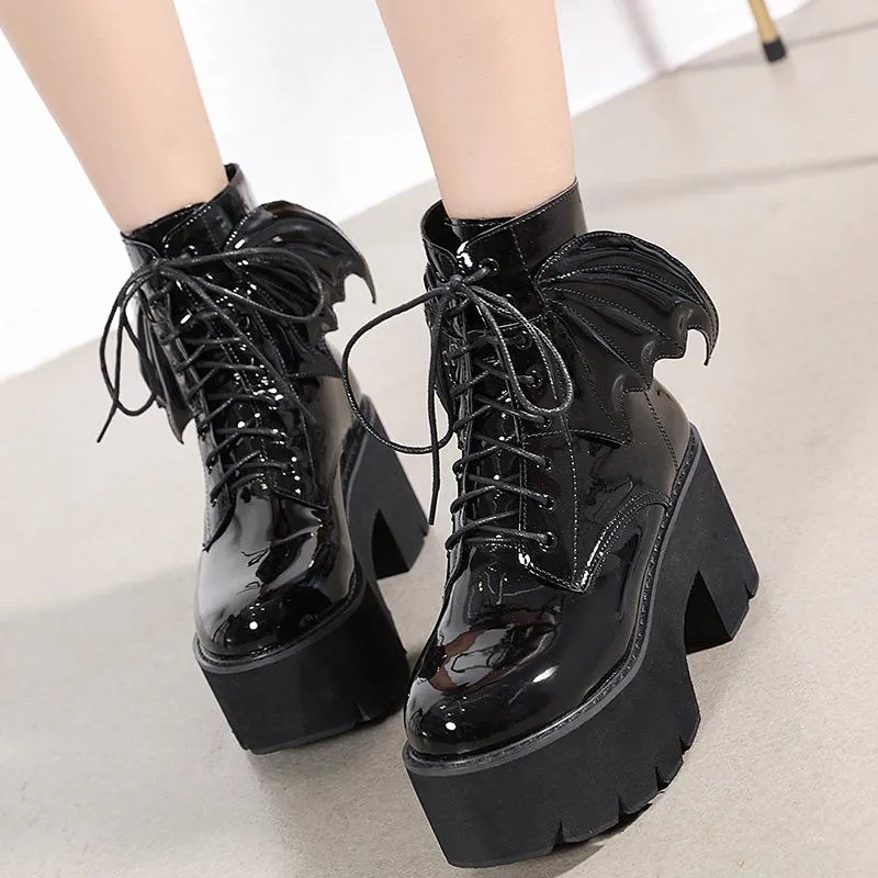 Women gothic chunky high heel platform lace up motorcyle boots with swings