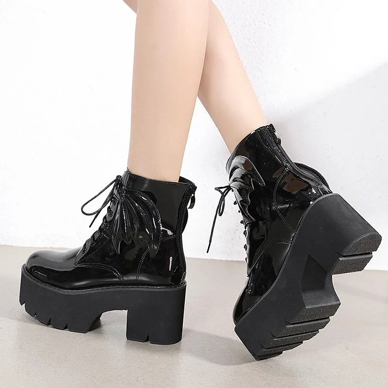 Women gothic chunky high heel platform lace up motorcyle boots with swings
