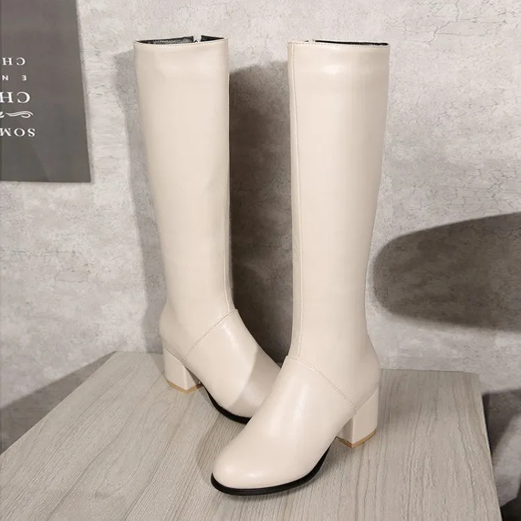 Women knee high boots winter fall chunky heel side zipper long boots